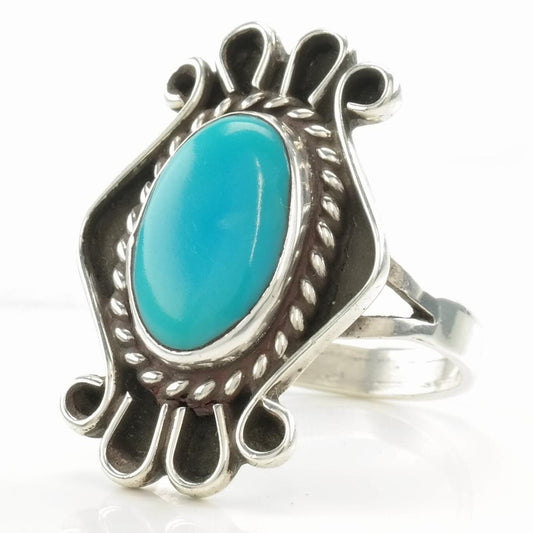 Vintage Southwest Silver Ring Turquoise Shadowbox Sterling Size 8