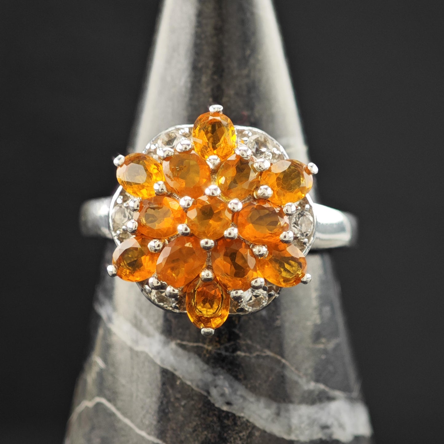 Sterling Silver Ring Orange Gemstone Cluster Size 7 R6207