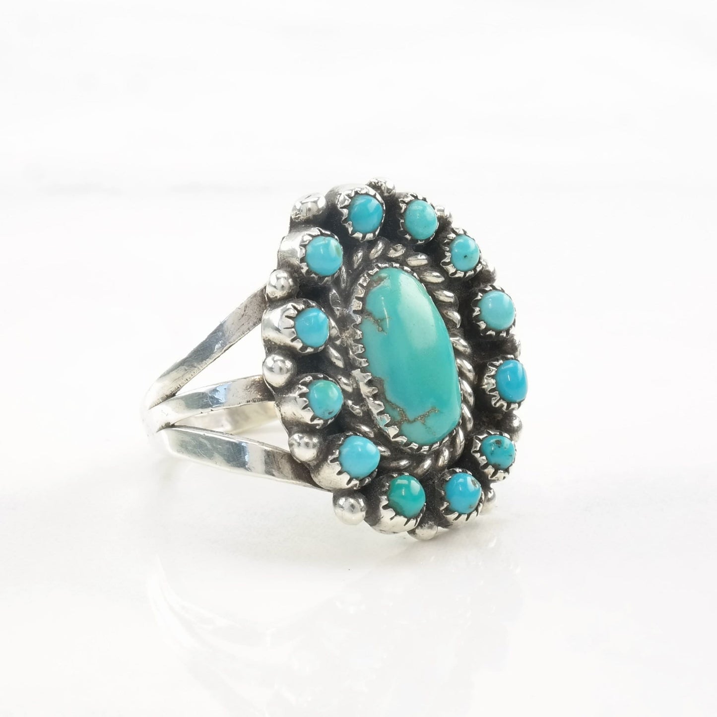 Vintage Native American Ring Turquoise Cluster Sterling Silver 5 3/4