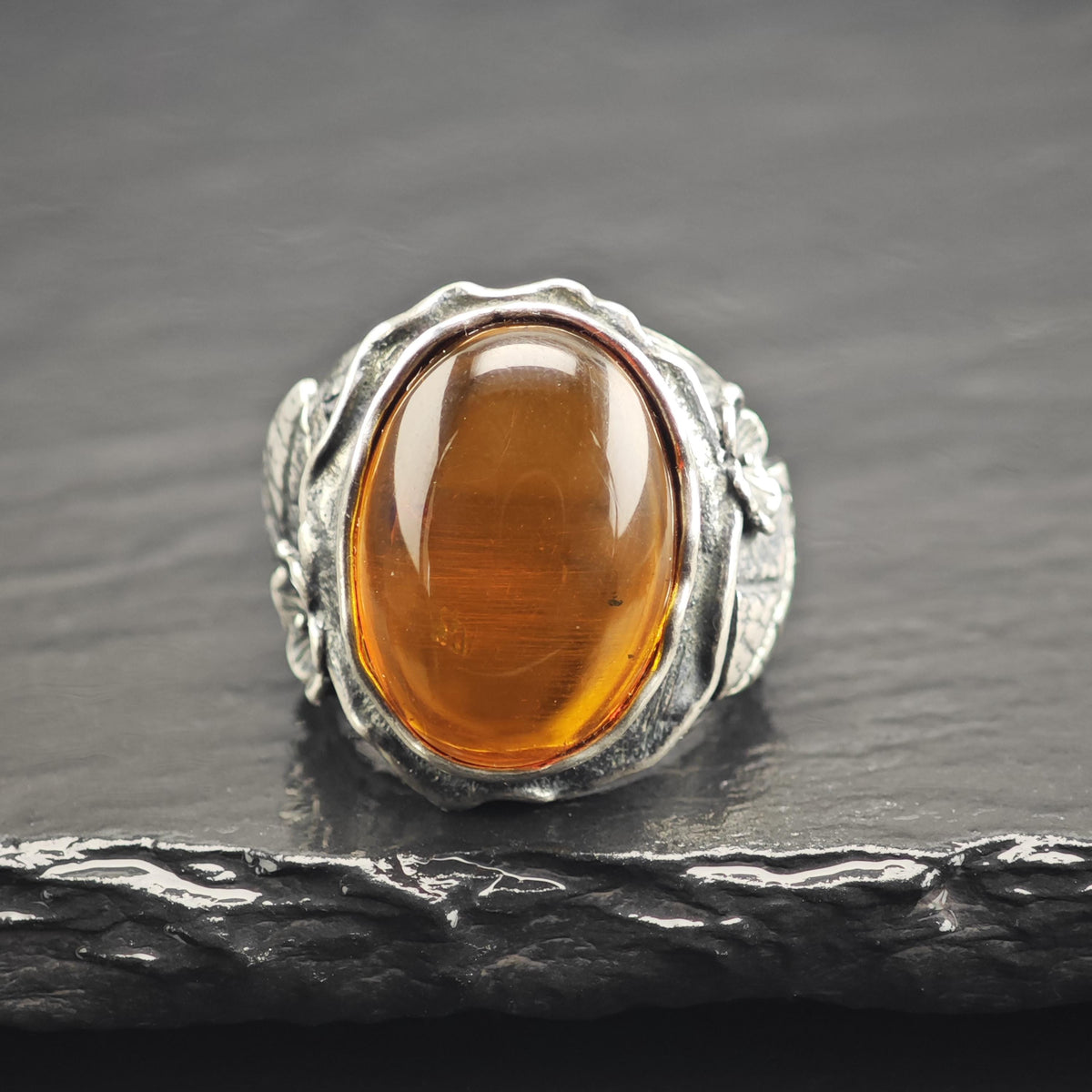 Israel Oval Amber Floral Sterling Silver Ring Sz 6 R6752