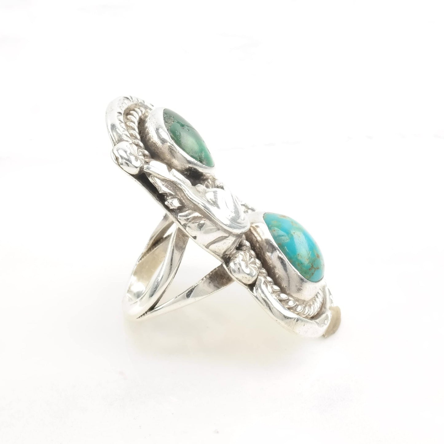 Native American Silver Ring Two Turquoise Leaf Size 6 3/4