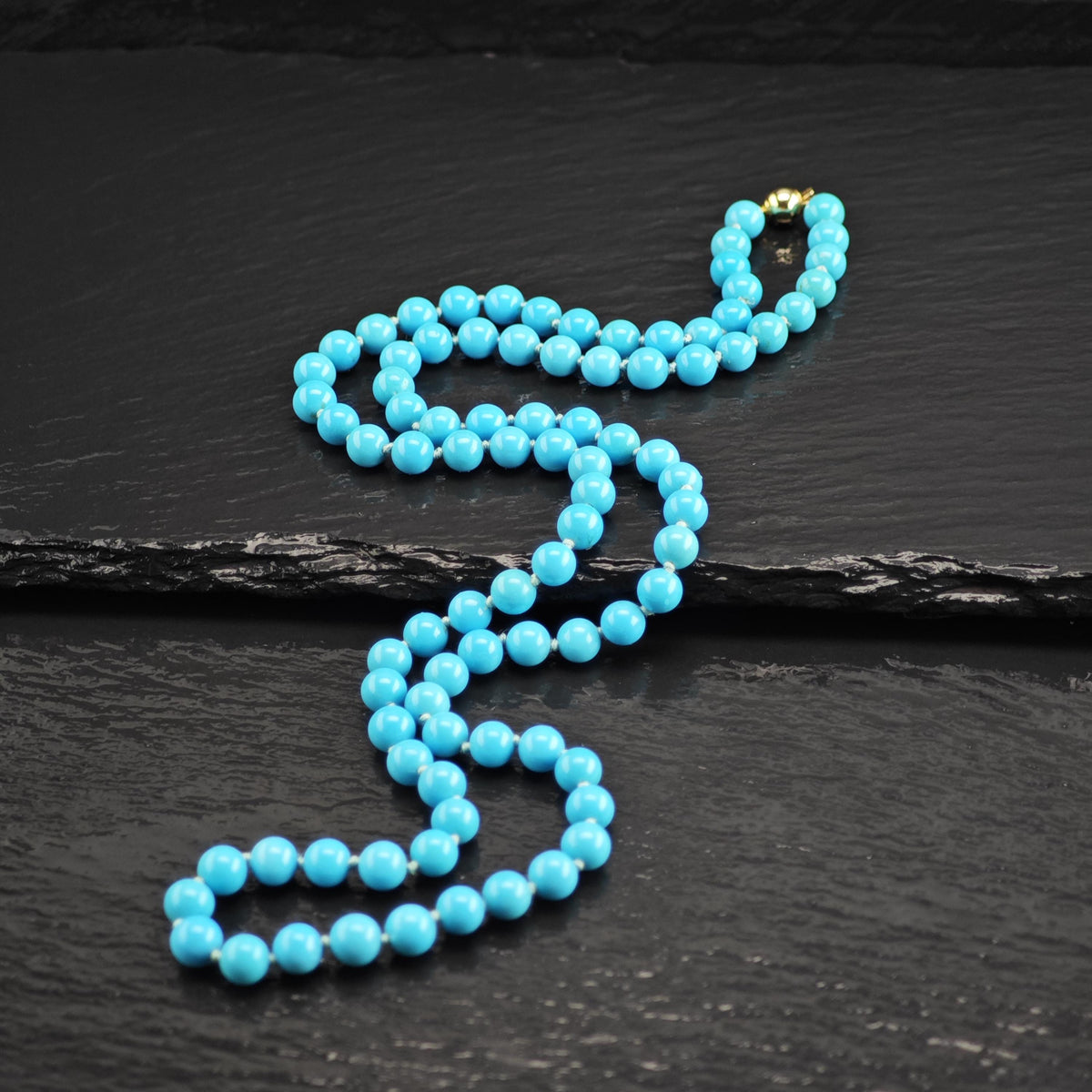6mm Blue Turquoise 14K Gold Clasp Beaded Necklace N2782