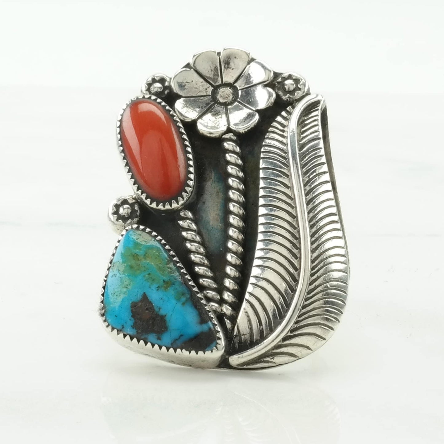 Native American Silver Ring Turquoise, Coral Flowers Sterling Size 8 3/4