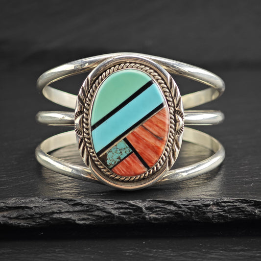 AS IS Turquoise & Spiny Oyster Inlay Sterling Silver Cuff Sz 5 3/4" BR3139
