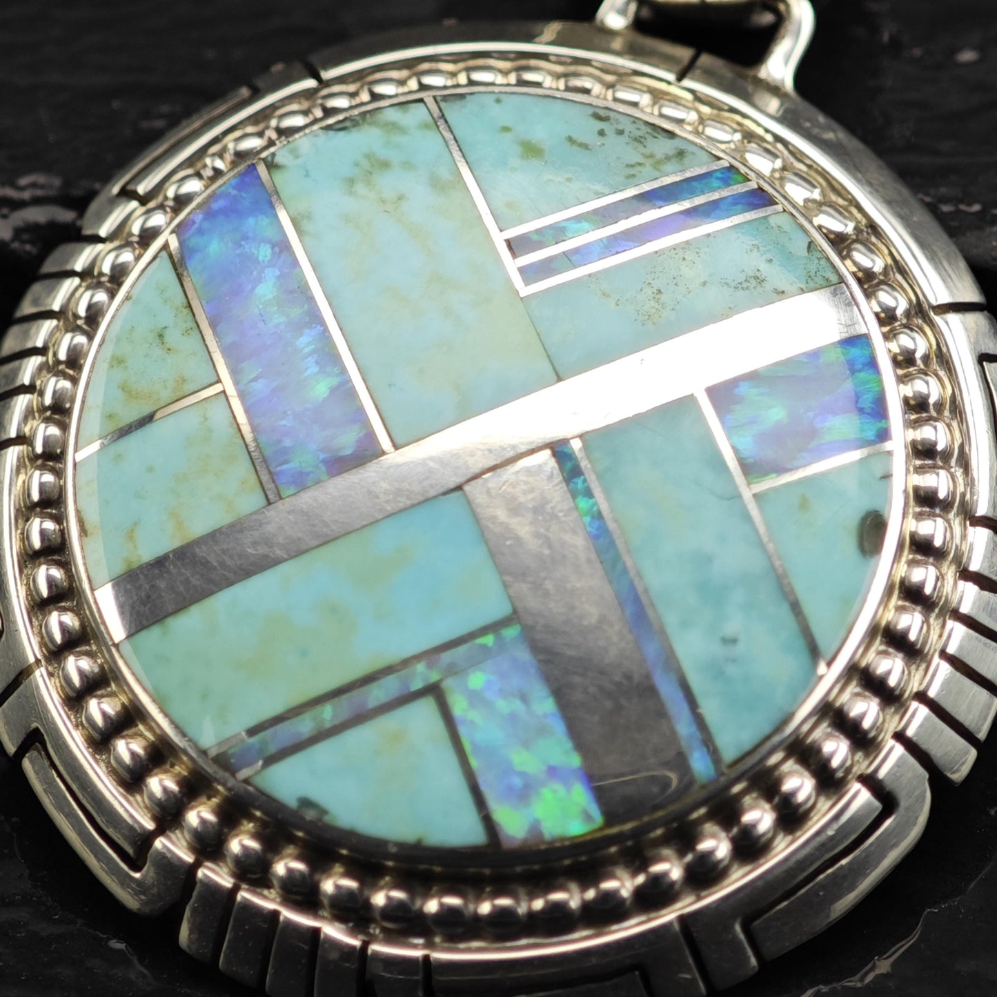 Large Turquoise, Opal Inlay Sterling Silver Pendant P3043