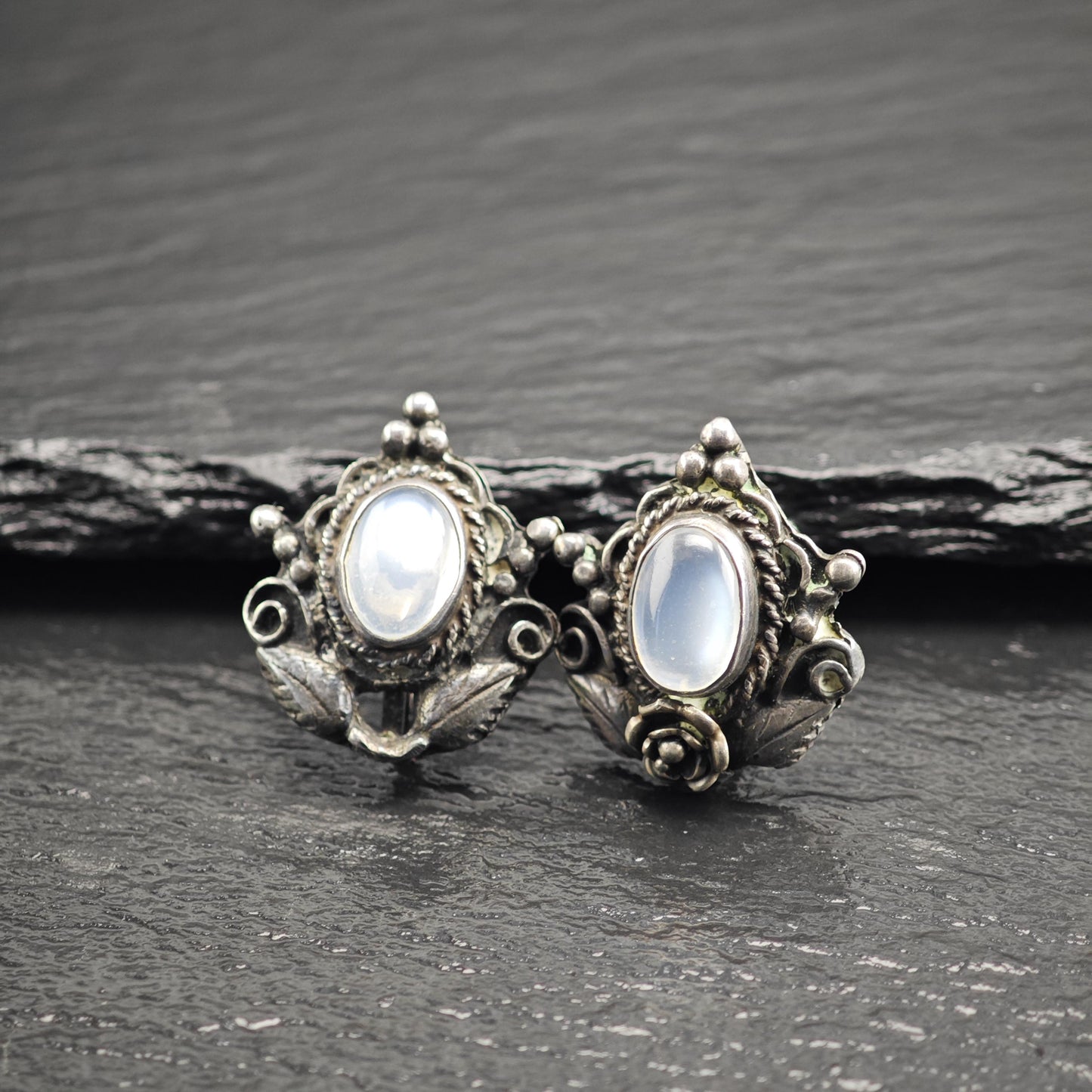 Art Nouveau Moonstone Screw Back Sterling Silver Earrings ER3199
