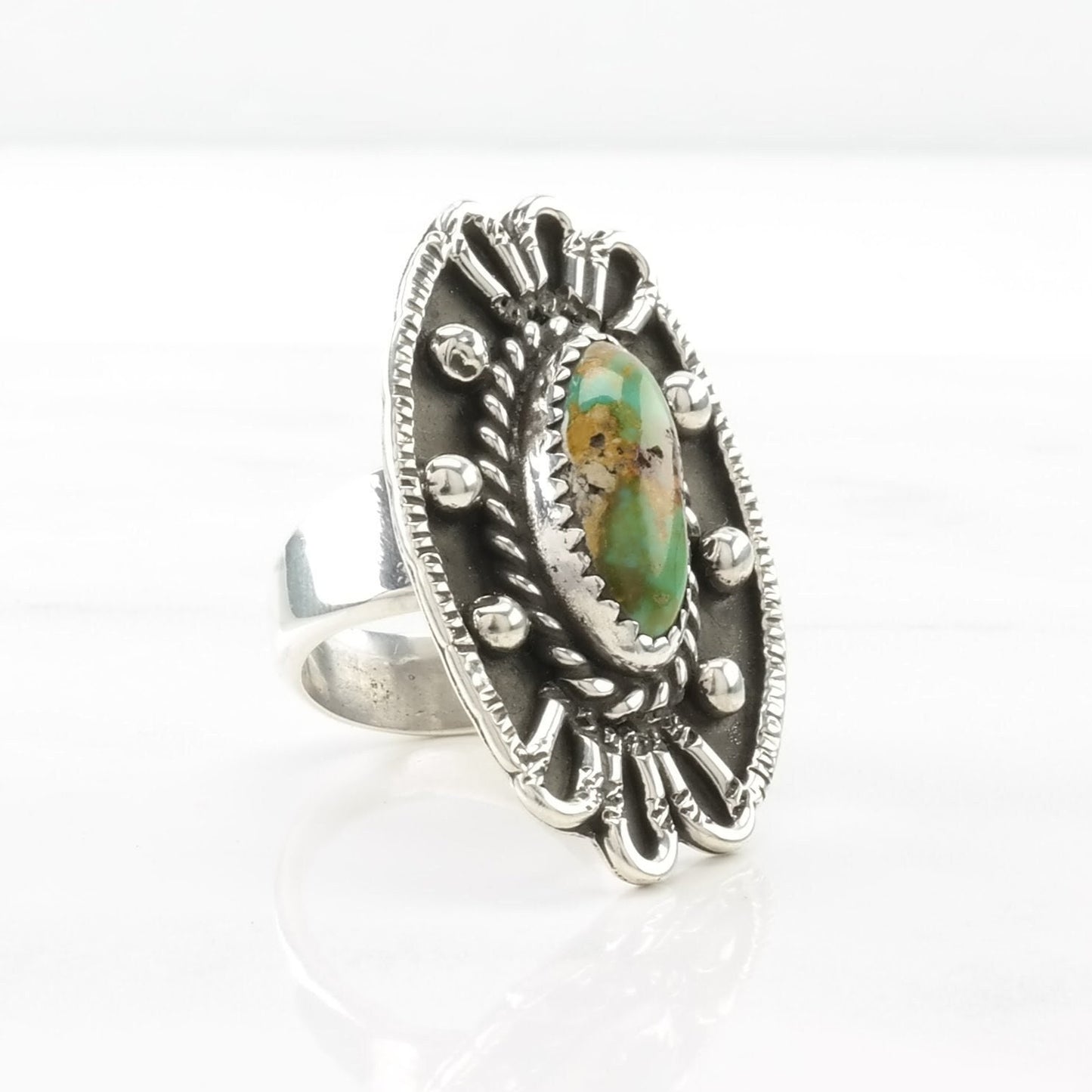 Native American Silver Ring Turquoise Floral, Large Sterling Green Size 7 1/2