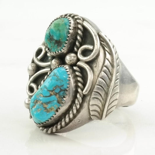 Vintage Native American Silver Ring Turquoise Leaf Sterling Blue Size 11 3/4