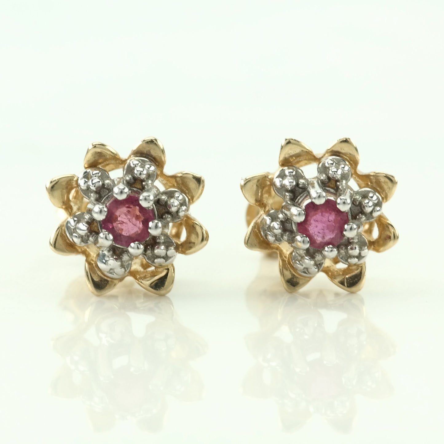 Vintage 14k Gold Stud Earrings Pink Ruby Floral