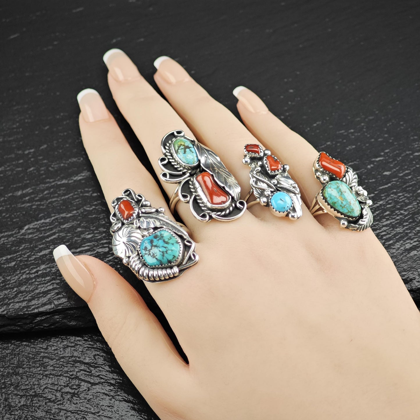 Turquoise Coral Ring Sterling Silver Native American R5826