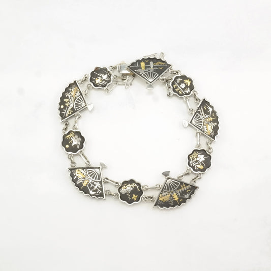 Vintage WWII Era Sterling Silver Beaded Bracelet Fans, Floral