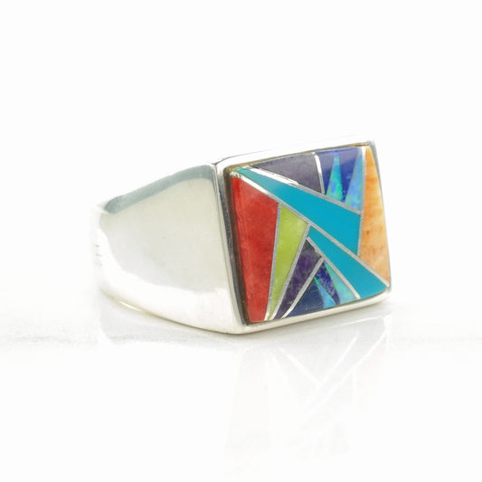 Southwest Silver Ring Turquoise Multi Stone Inlay Sterling Size 11 1/2