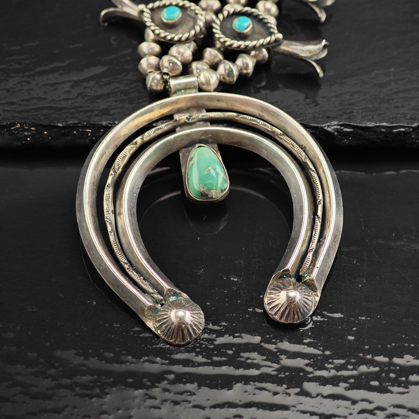 Vintage Navajo Turquoise Sterling Silver Squash Blossom Necklace N2729
