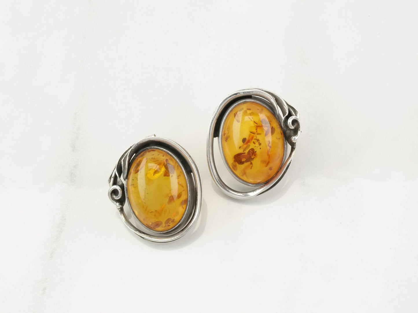 Art Novaue Style Sterling Silver Orange Amber Earrings Stud