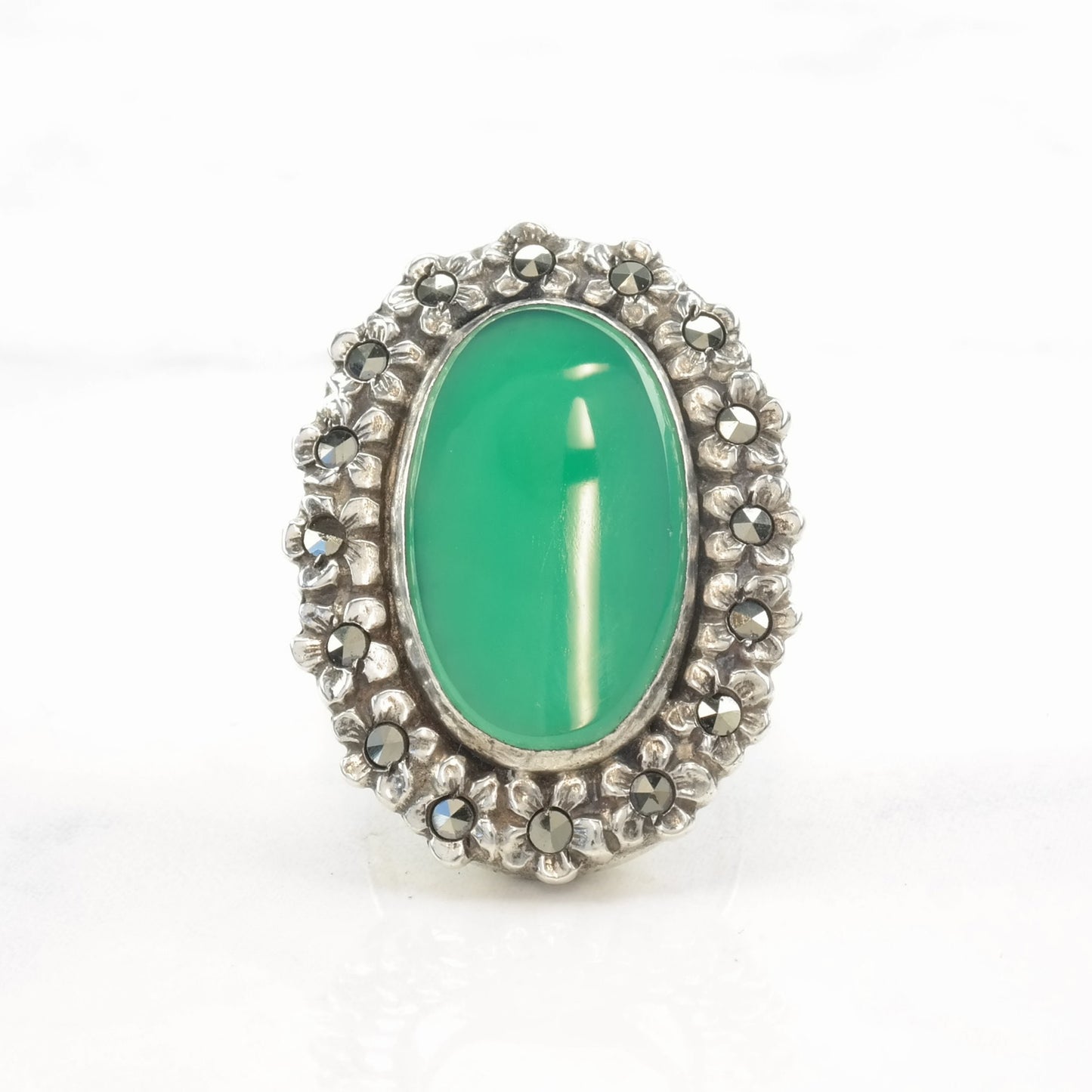 Sterling Silver Ring Chrysoprase Floral Green Size 2 3/4