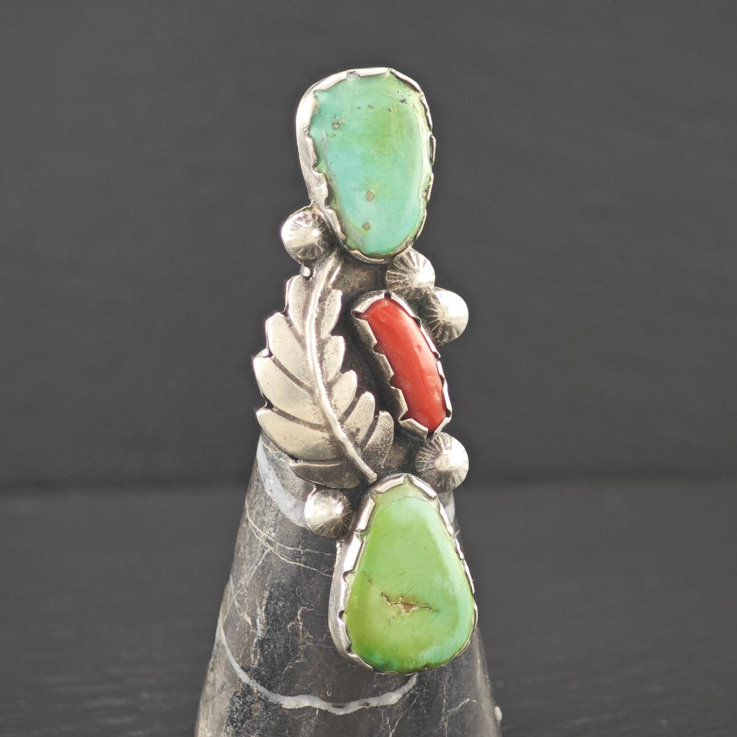 Long Native American Green Turquoise Coral Ring Sterling Silver