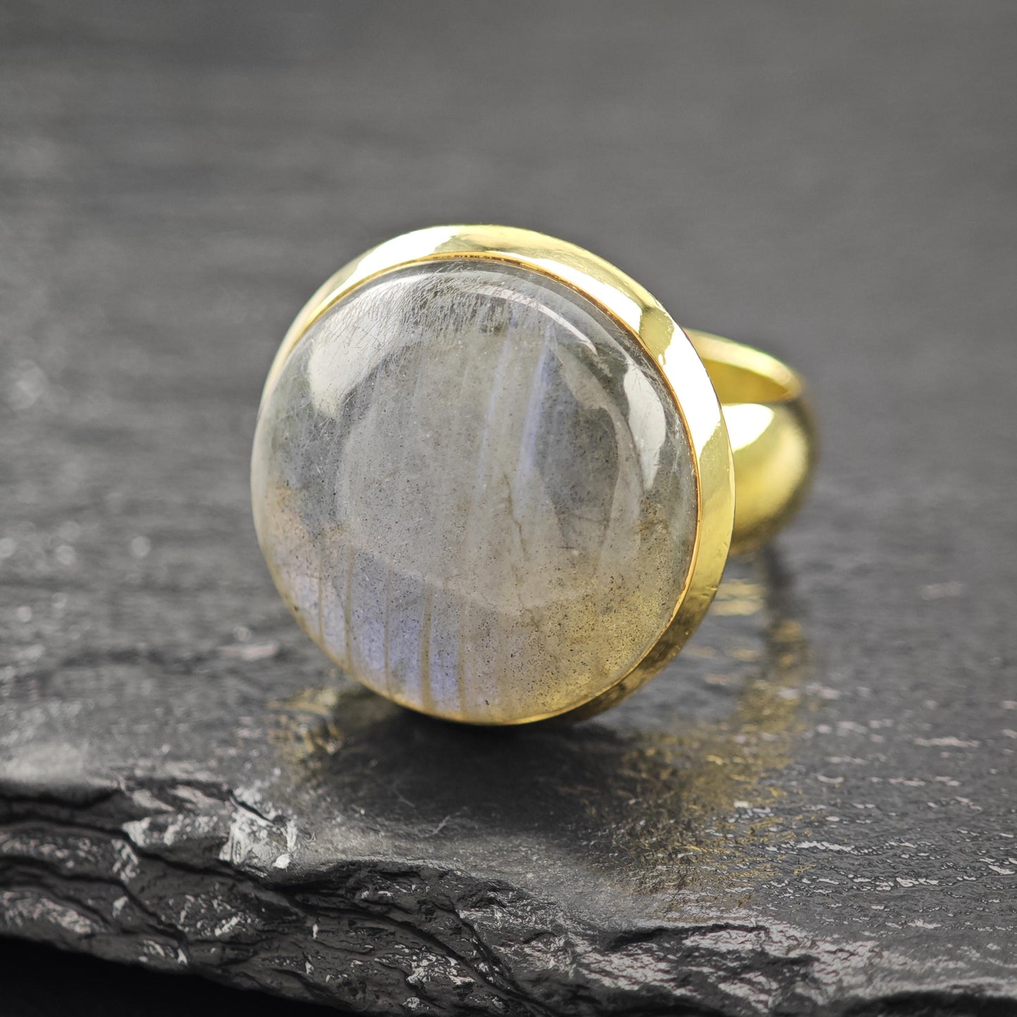 Gold Gilded Round Labradorite Ring Sterling Silver Sz 8