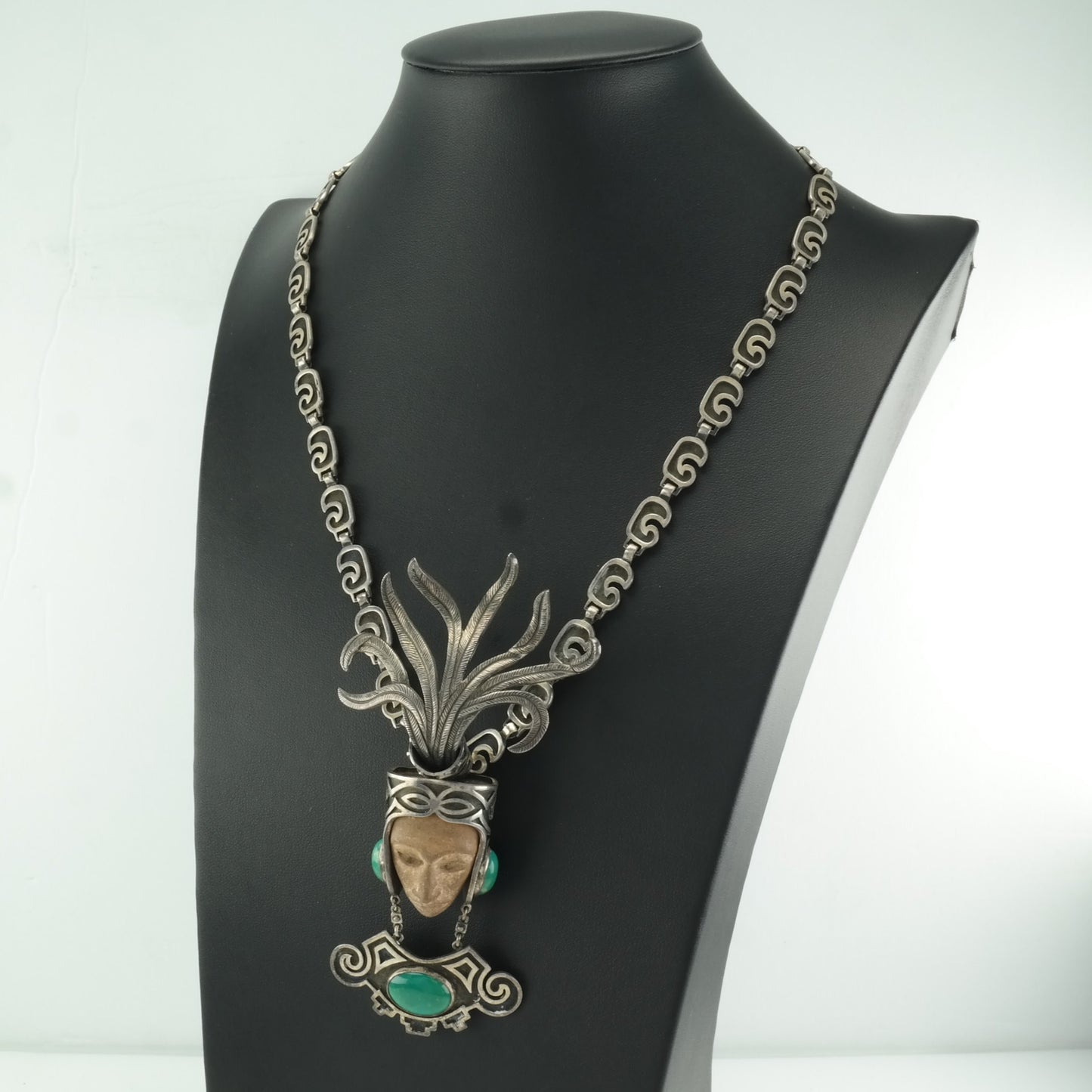 Taxco Sterling Silver Turquoise, Carved Stone Overlay, Warrior Mask Necklace