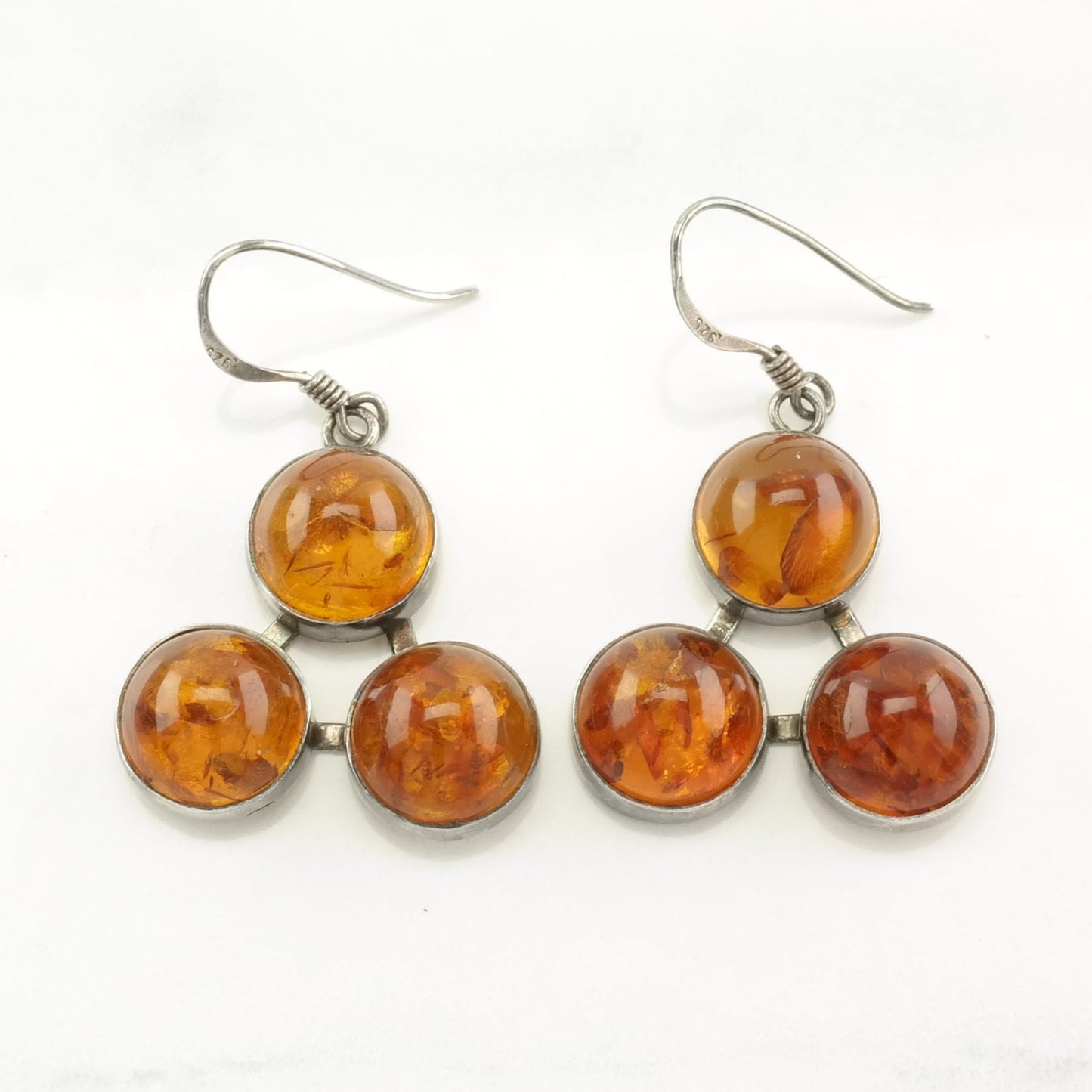 Sterling Silver Baltic Amber 3 Stone Earrings Fish hook/Dangle