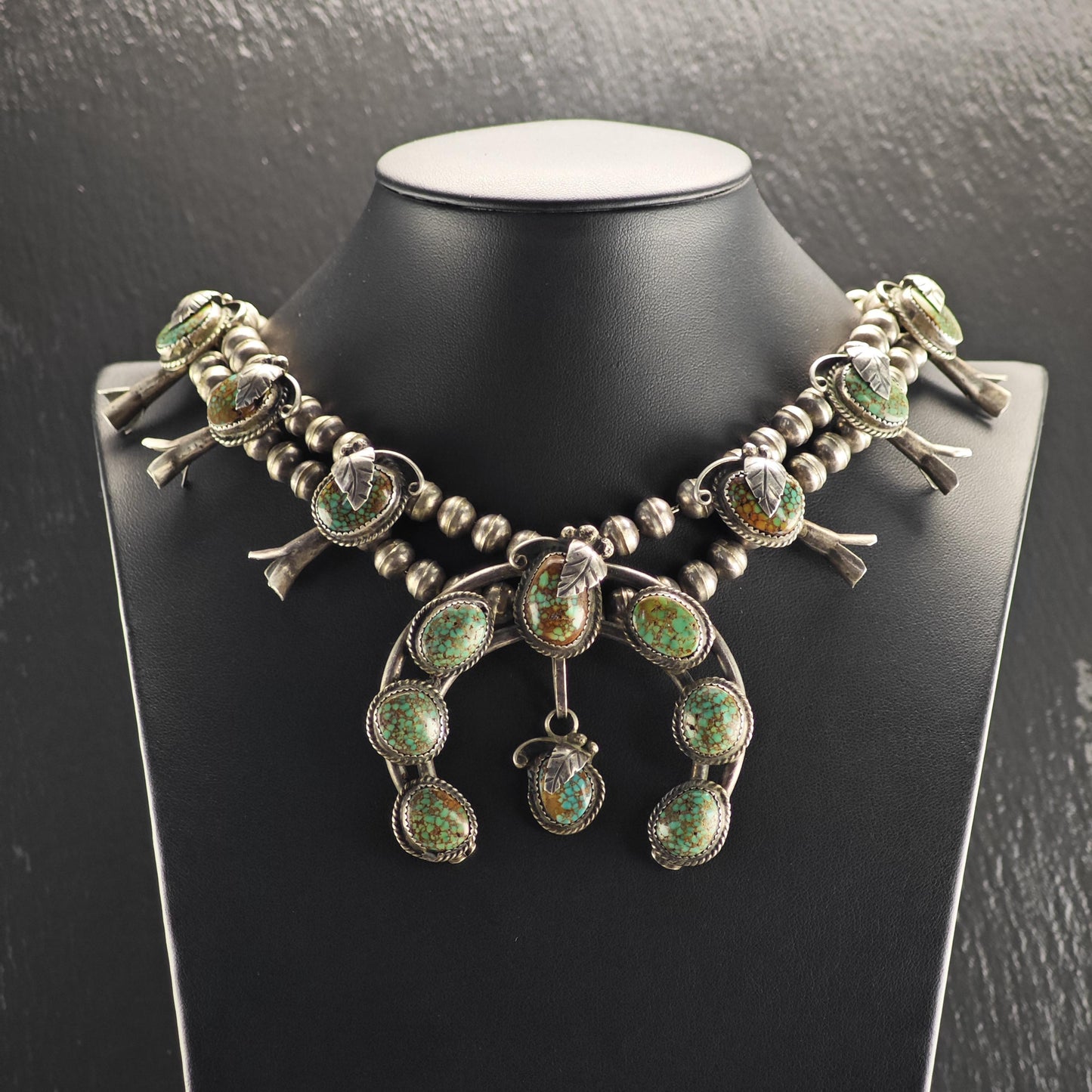 Vintage Navajo, Native American Royston Spiderweb Turquoise By Rose A. Chee Sterling Silver Squash Blossom Necklace N2767