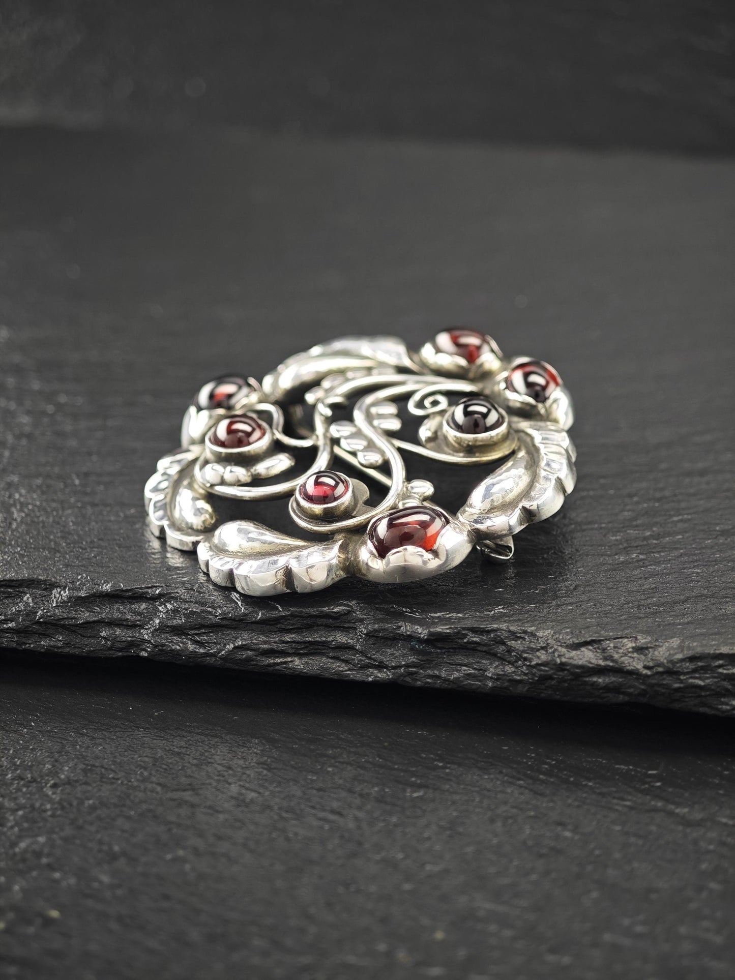 Georg Jensen 159, Garnet Moonlight Blossoms Brooch Sterling Silver