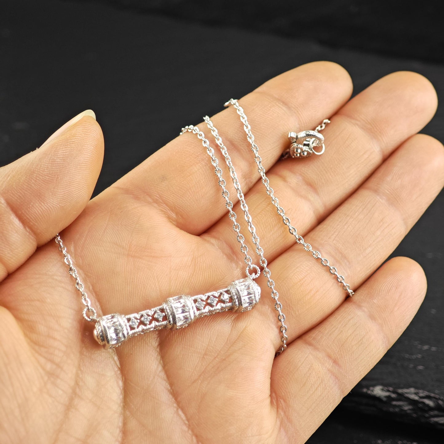Vintage Judith Ripka DQCZ Bar Necklace Sterling Silver N2738