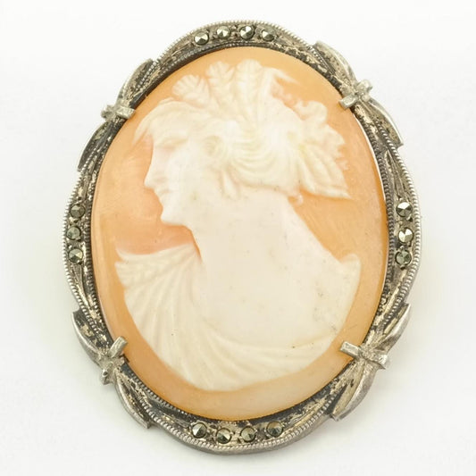 Vintage Cameo Female, Portrait, Marcasite Sterling Silver Pendant