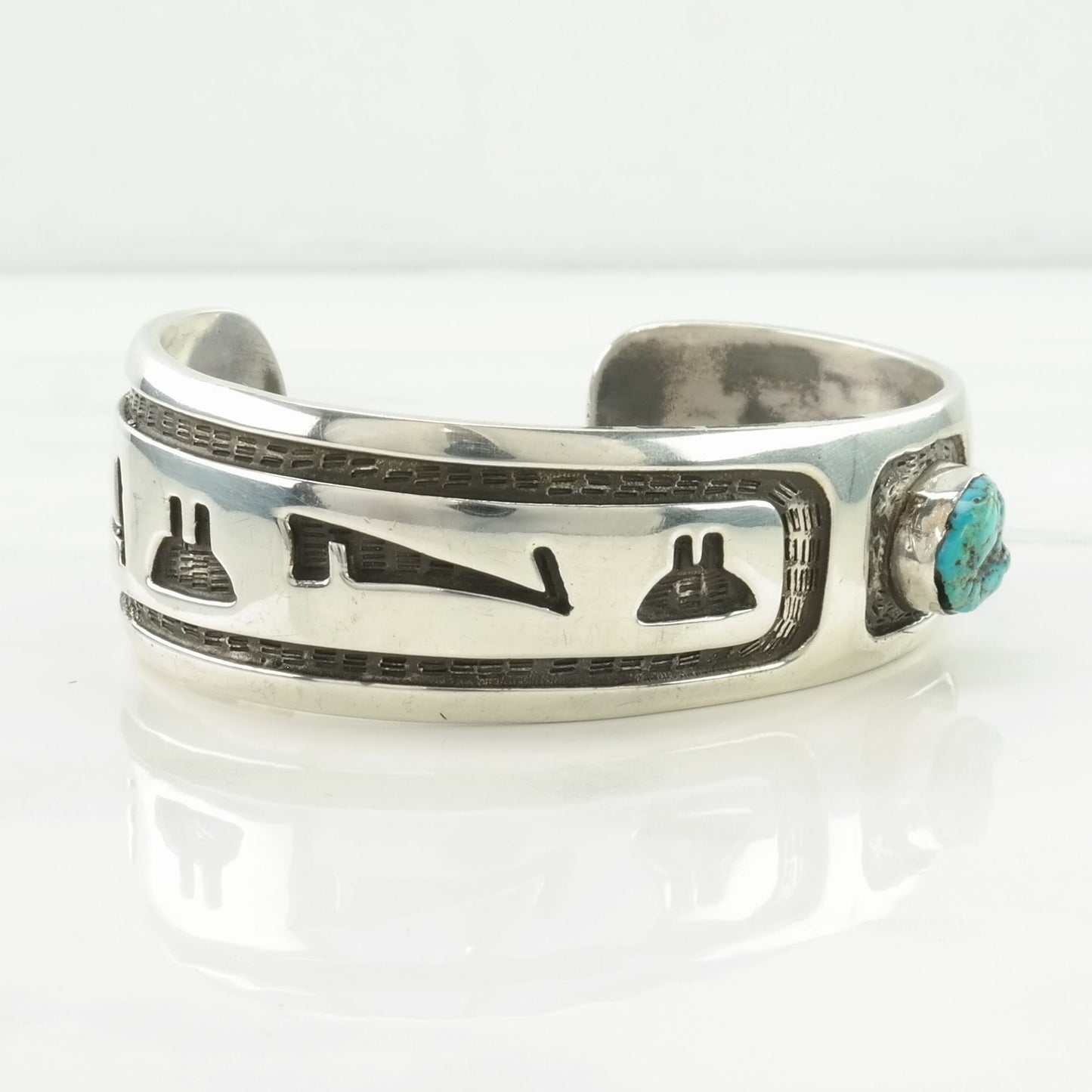 Hopi, Native American Sterling Silver Cuff Bracelet Blue Turquoise Asymmetrical, Overlay