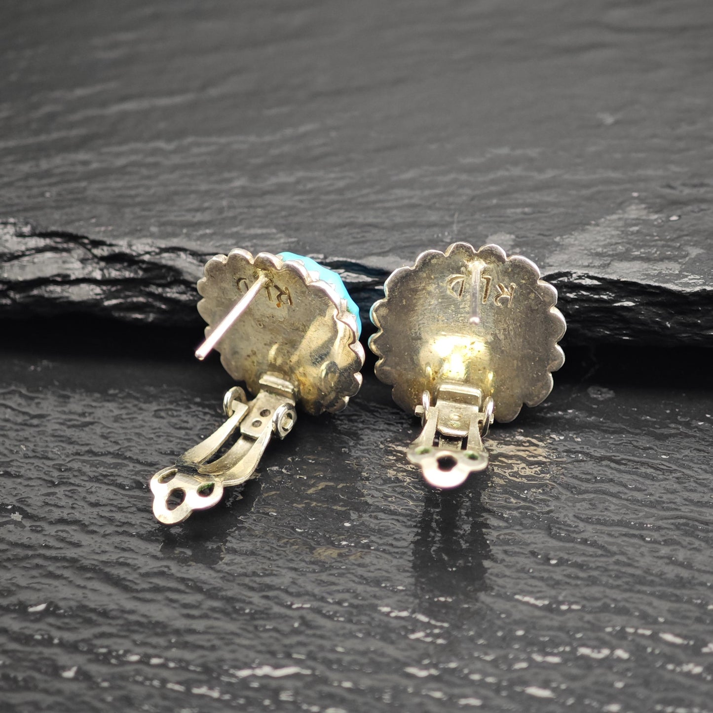 Vintage Zuni, Native American Carved Turquoise Stud/Clip On Sterling Silver Earrings ER3169