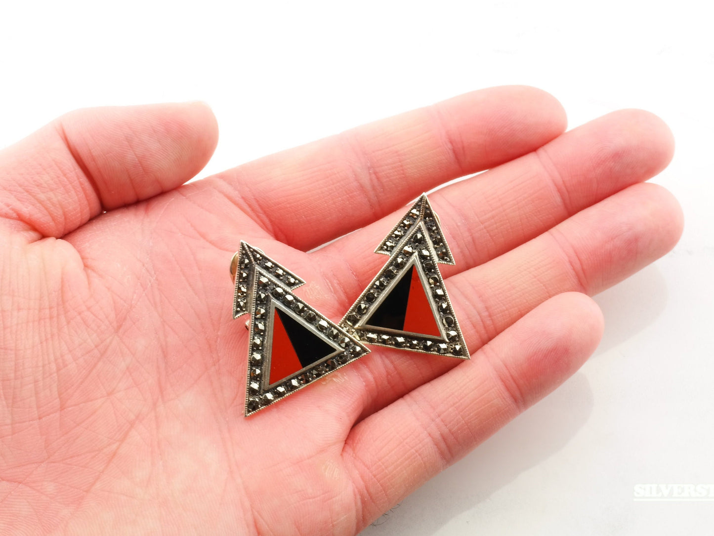 Geometric Sterling Silver Red Black Enamel, Marcasite Earrings