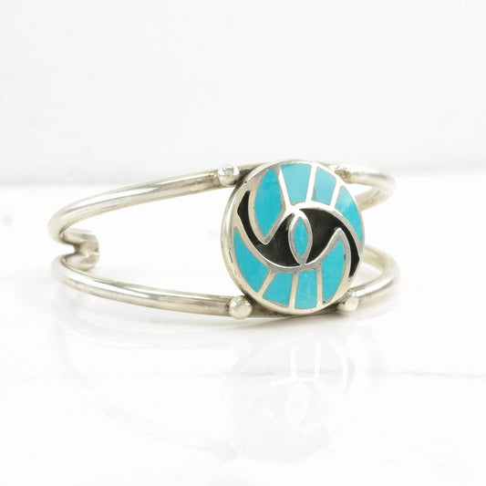 Native American Sterling Silver Cuff Bracelet Blue Turquoise Inlay