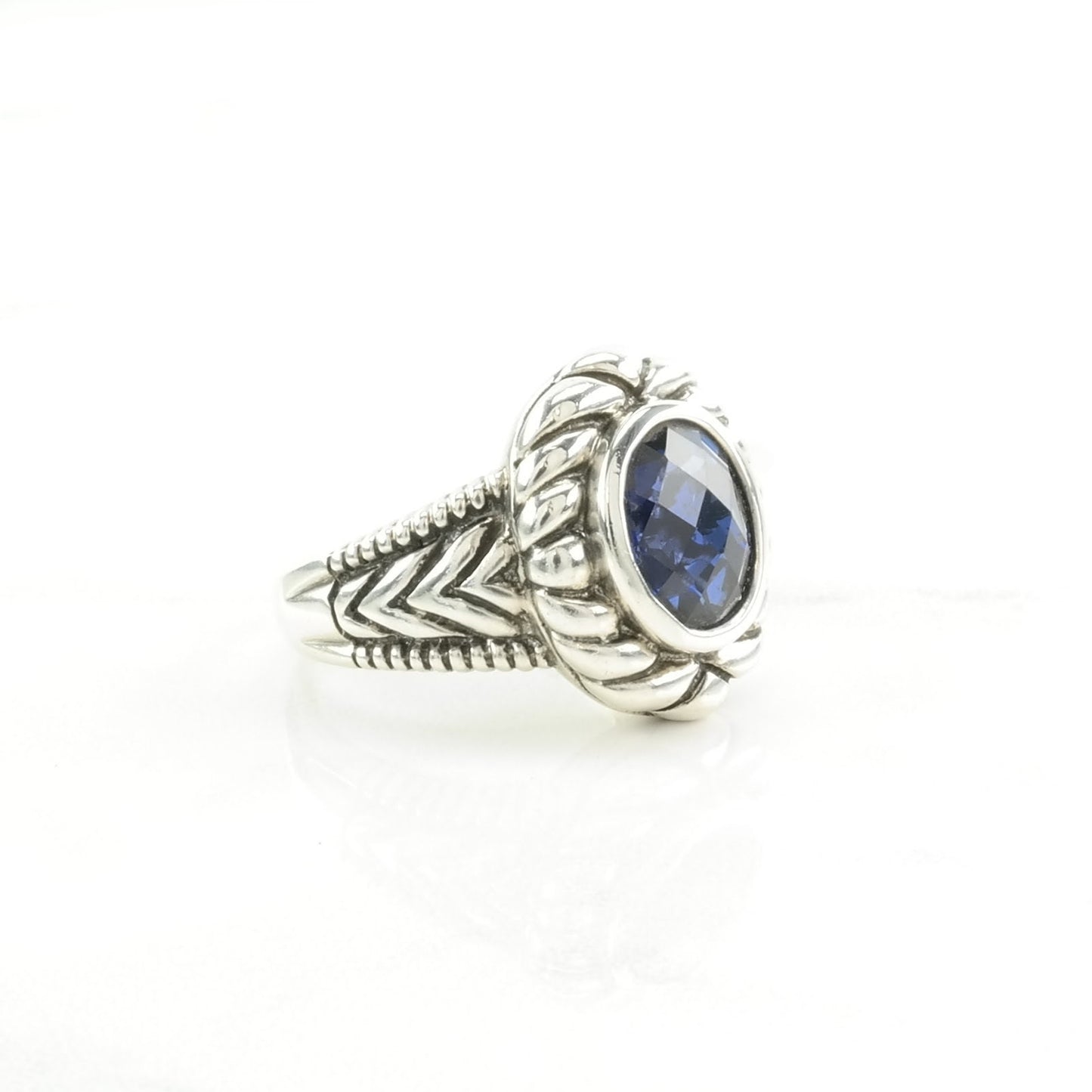 Vintage Sterling Silver Ring Created Sapphire Rope Detail Blue Size 7