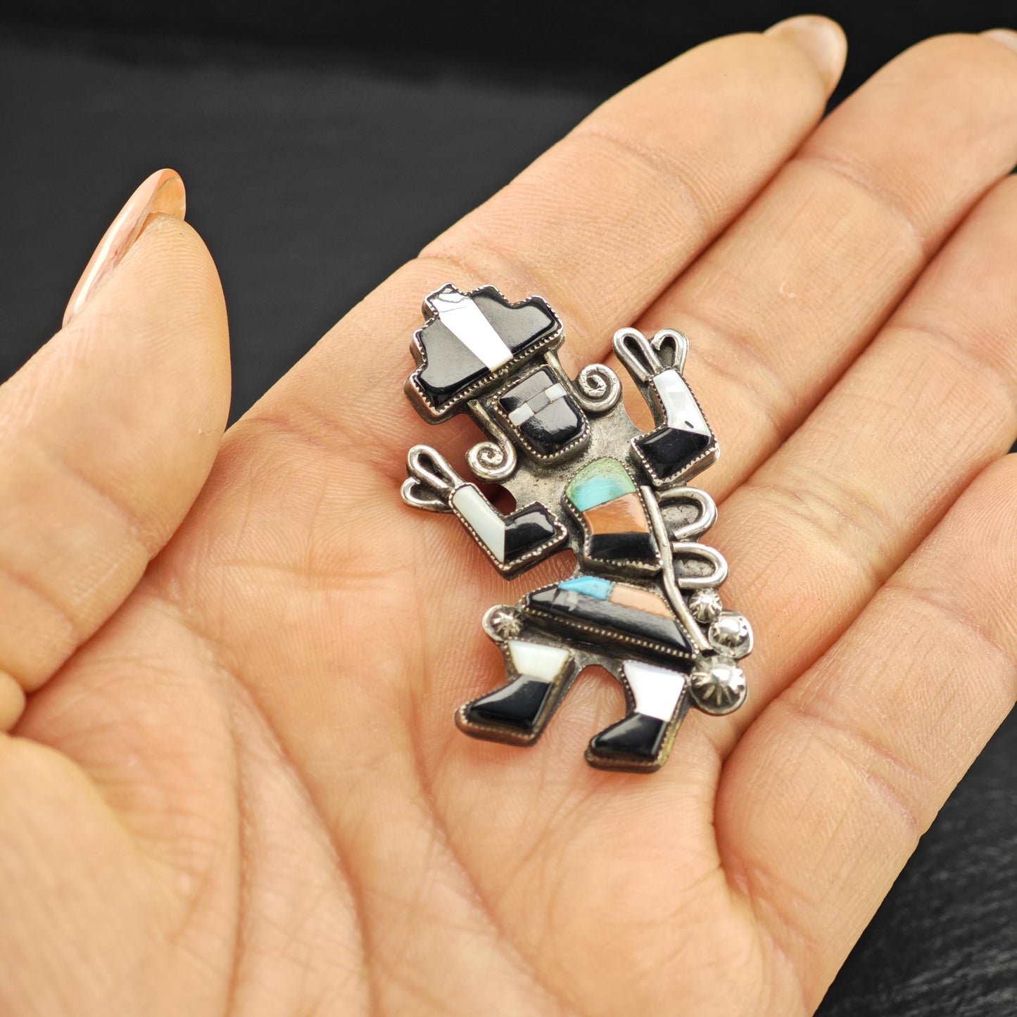 Zuni Sterling Silver Brooch Kachina Gemstone Inlay