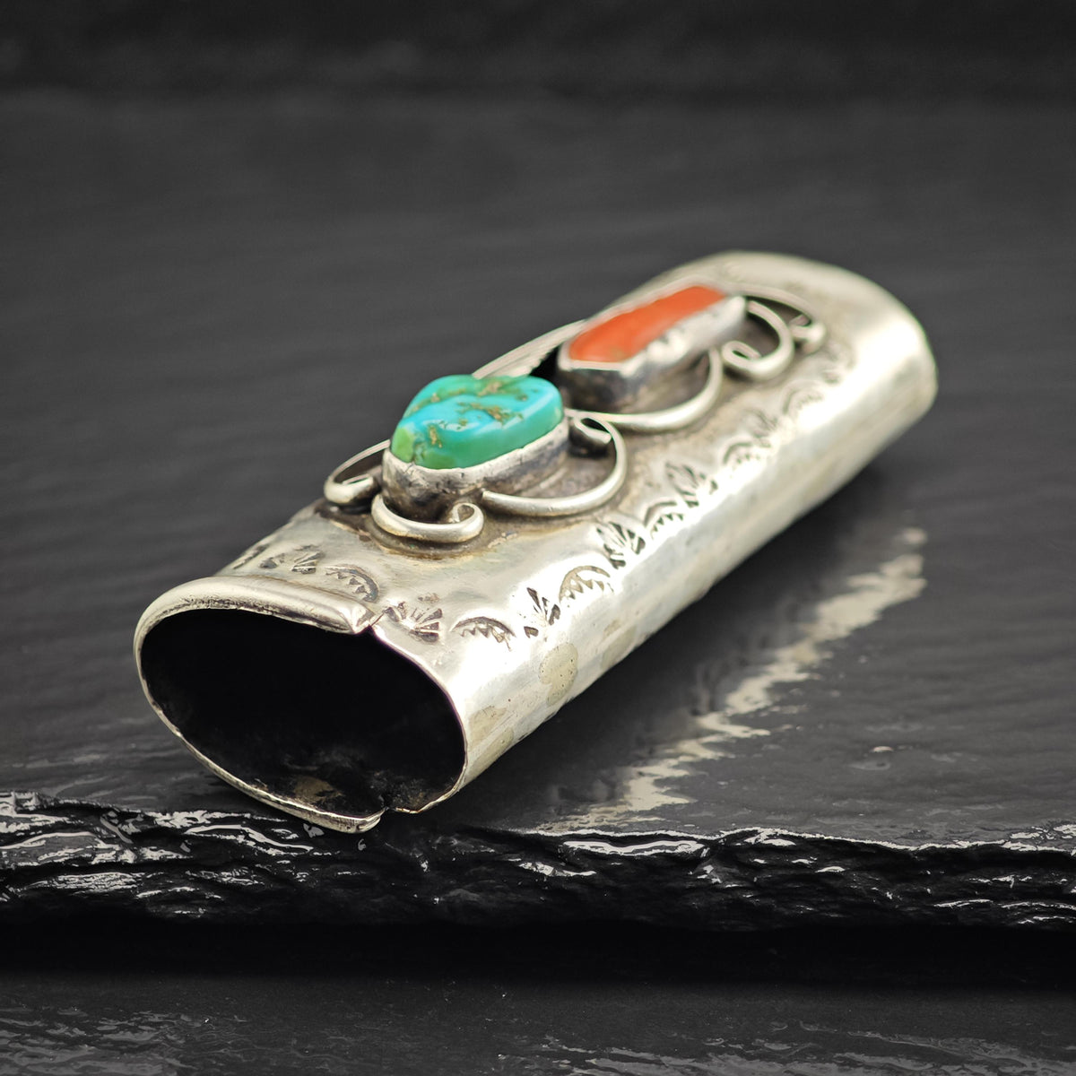 Native American Lighter Cover Turquoise Coral Feather Design Sterling Silver MISC0404