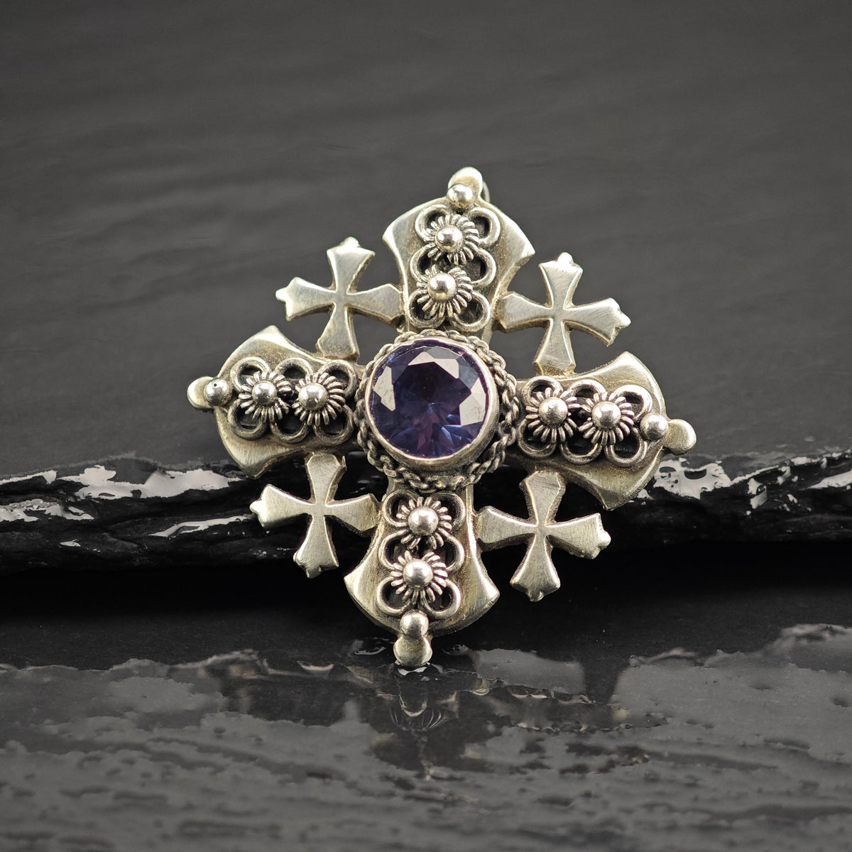 Color Change Corundum Jerusalem Cross 900 Silver Pendant/Brooch P3131