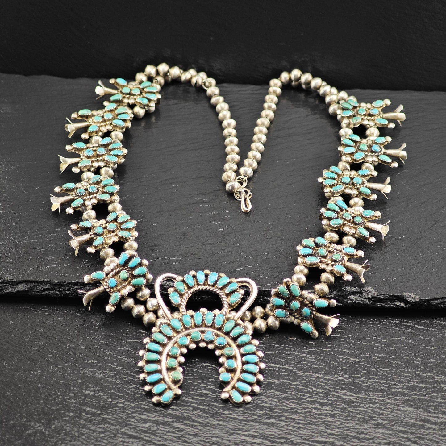 Vintage Zuni Sterling Silver Floral Squash Blossom Necklace with Blue Turquoise Cluster