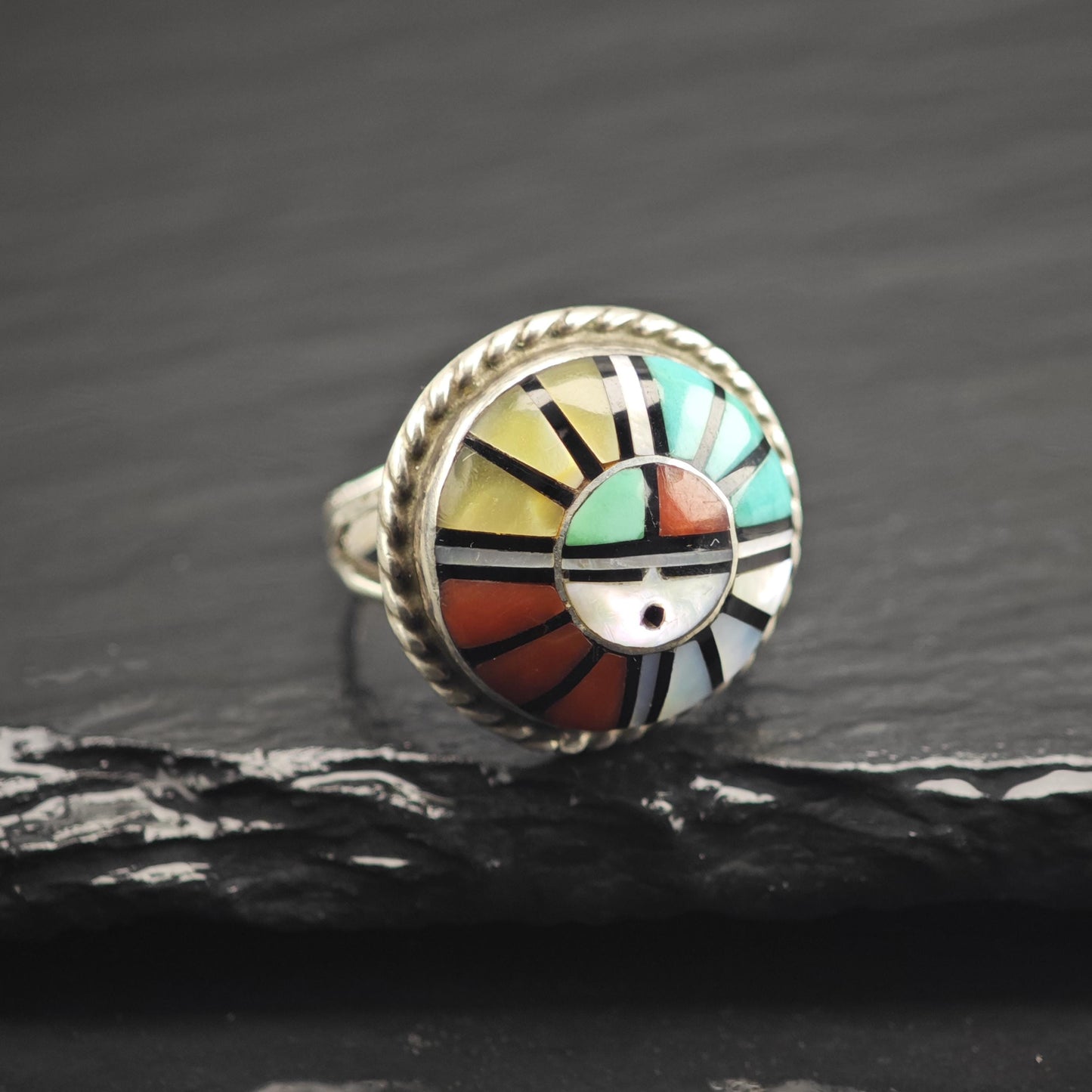 Zuni Inlay Sunface Sterling Silver Ring by Angela Lahty Sz 7 R6671