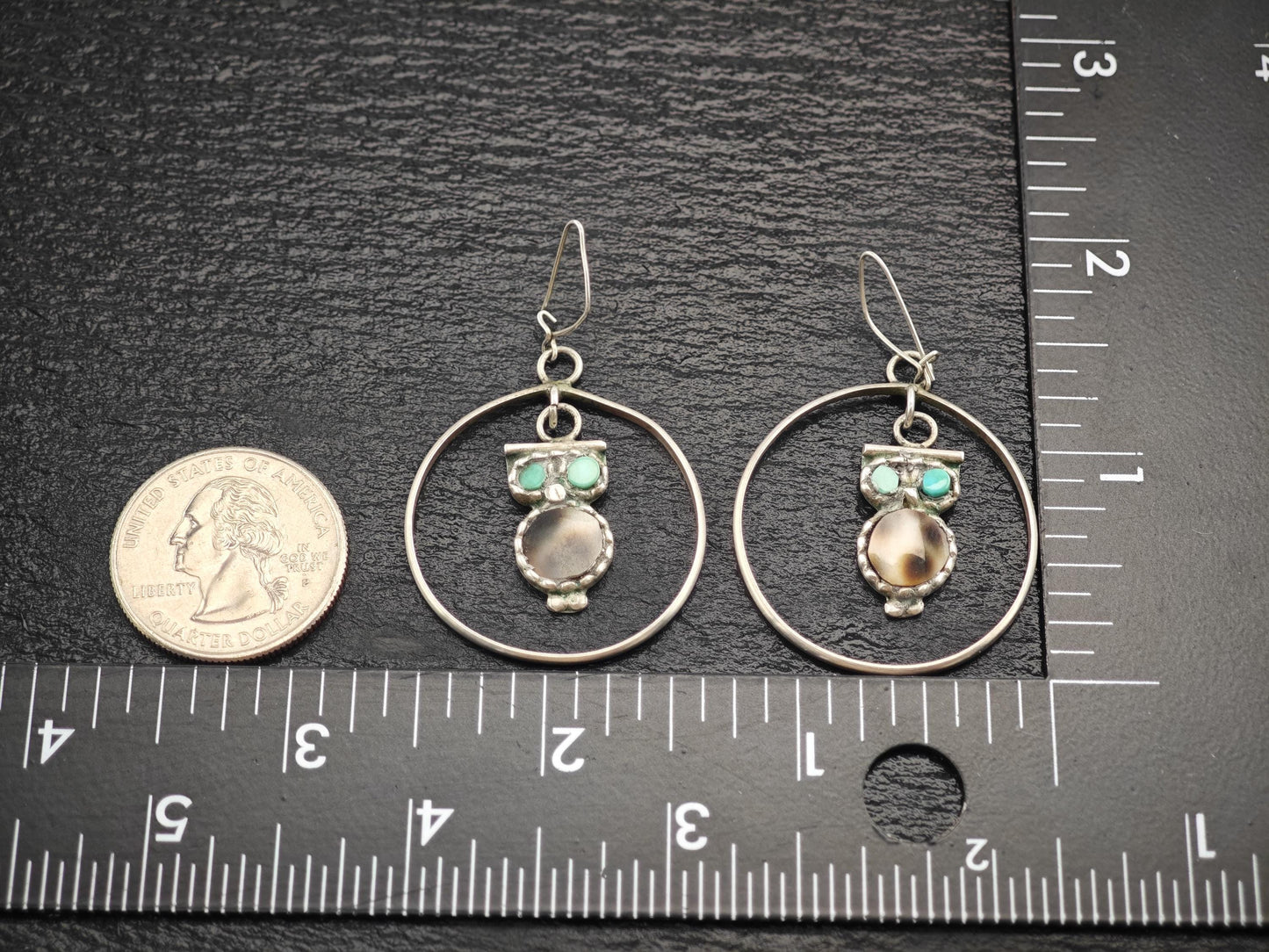 Zuni Inlay Hoop Earrings - Vintage Owl Design Sterling Silver