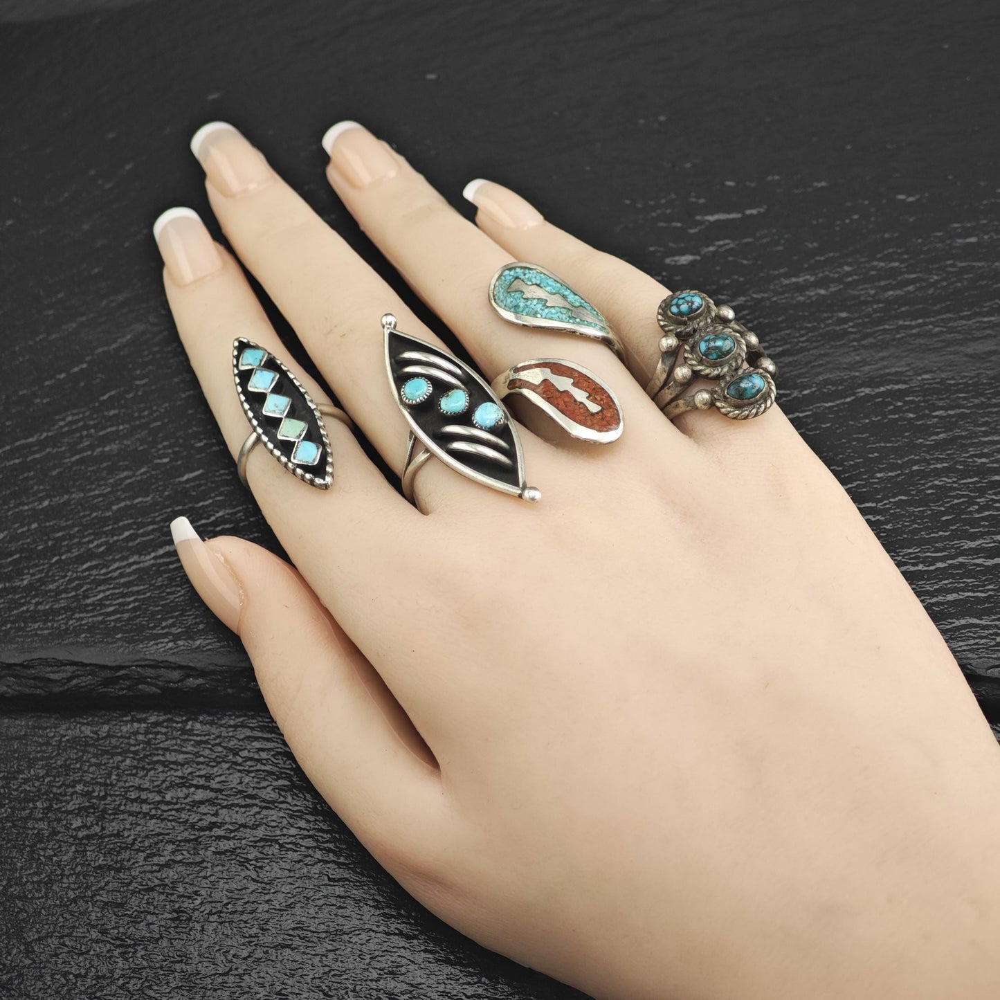 Native American Turquoise & Coral Inlay Bypass Sterling Silver Ring Sz 8 1/2 R6658