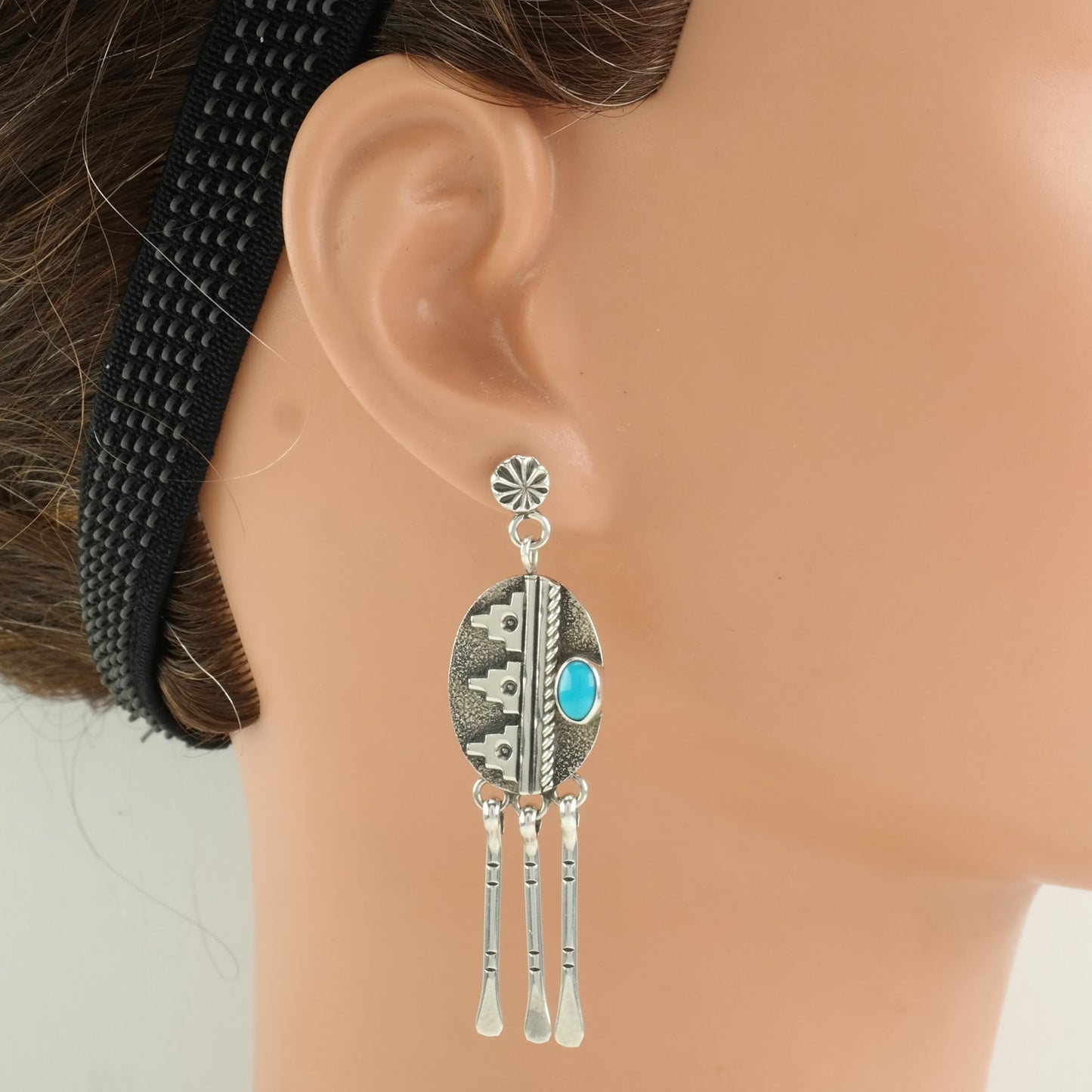 Native American Sterling Silver Blue Turquoise Overlay Earrings Stud, Dangle