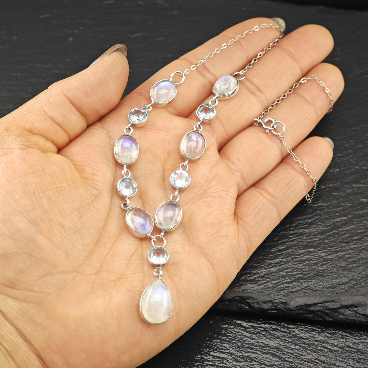 Lariat Sterling Silver Blue Moonstone Topaz Necklace