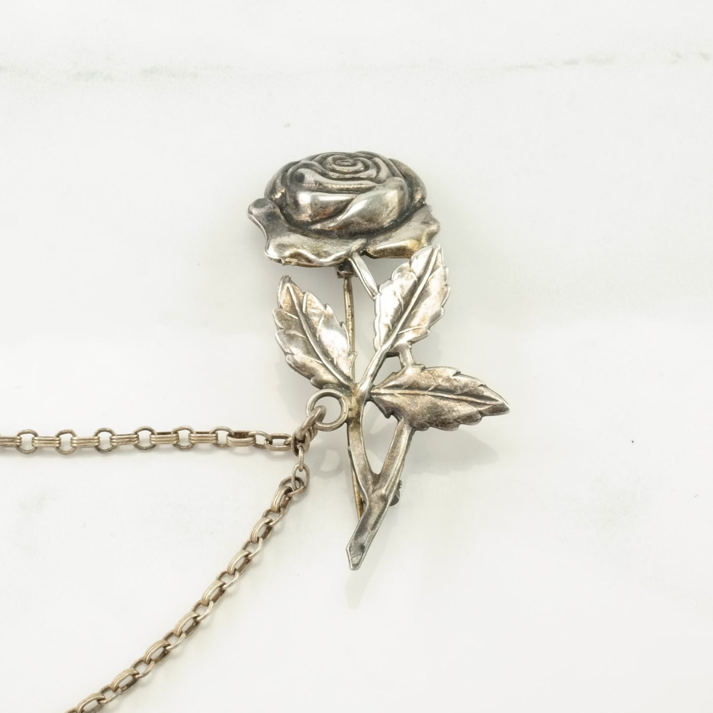 Double Scimitar Rose Brooch Mid Century Sterling Silver Collar Chain