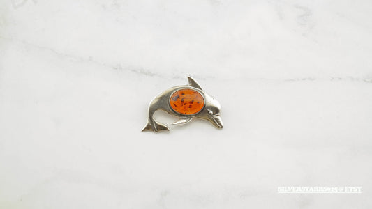 Vintage Amber Dolphin Silver Brooch Orange Sterling