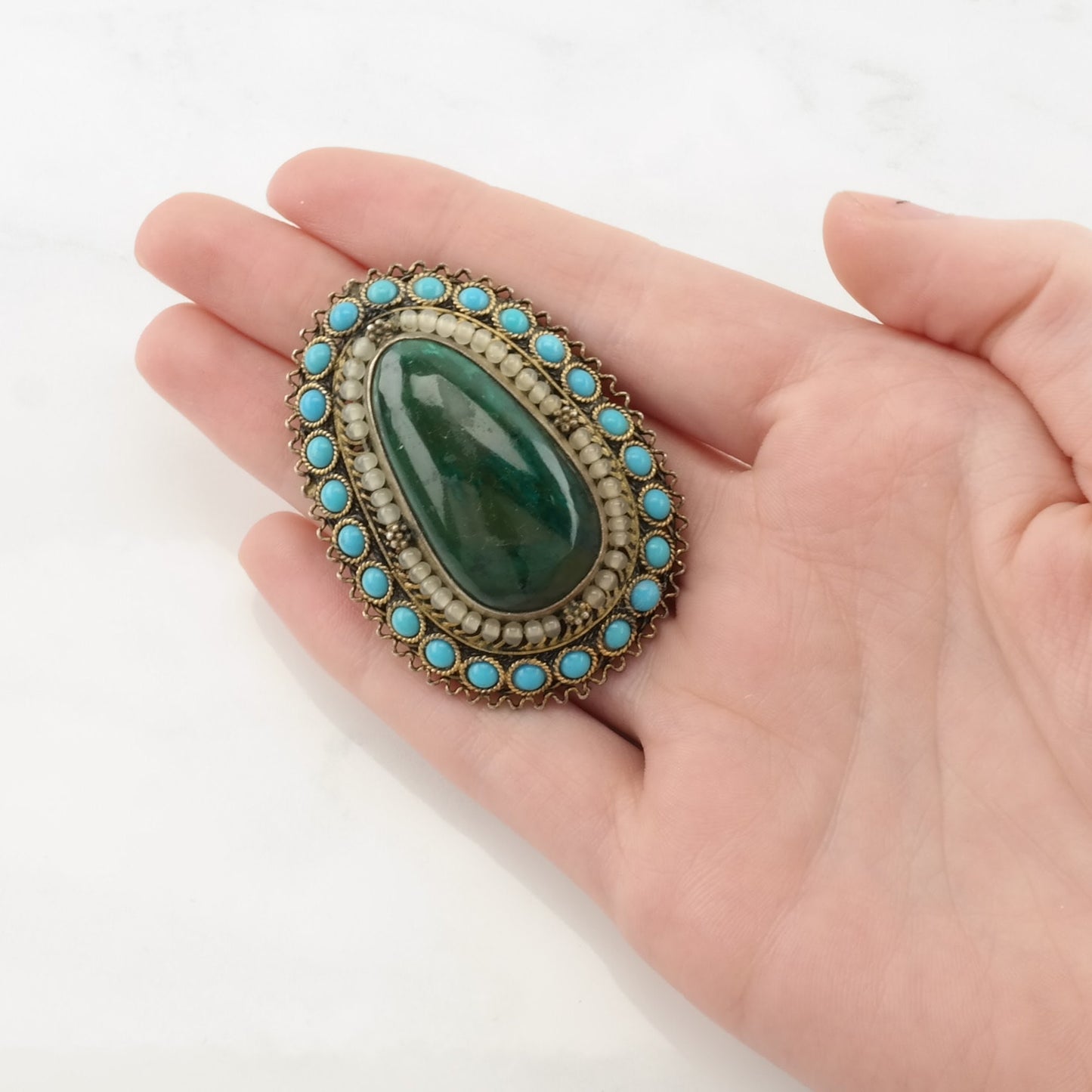 Israel Sterling Silver Brooch Pendant Filigree Blue, Green Created Turquoise, Eilat Stone