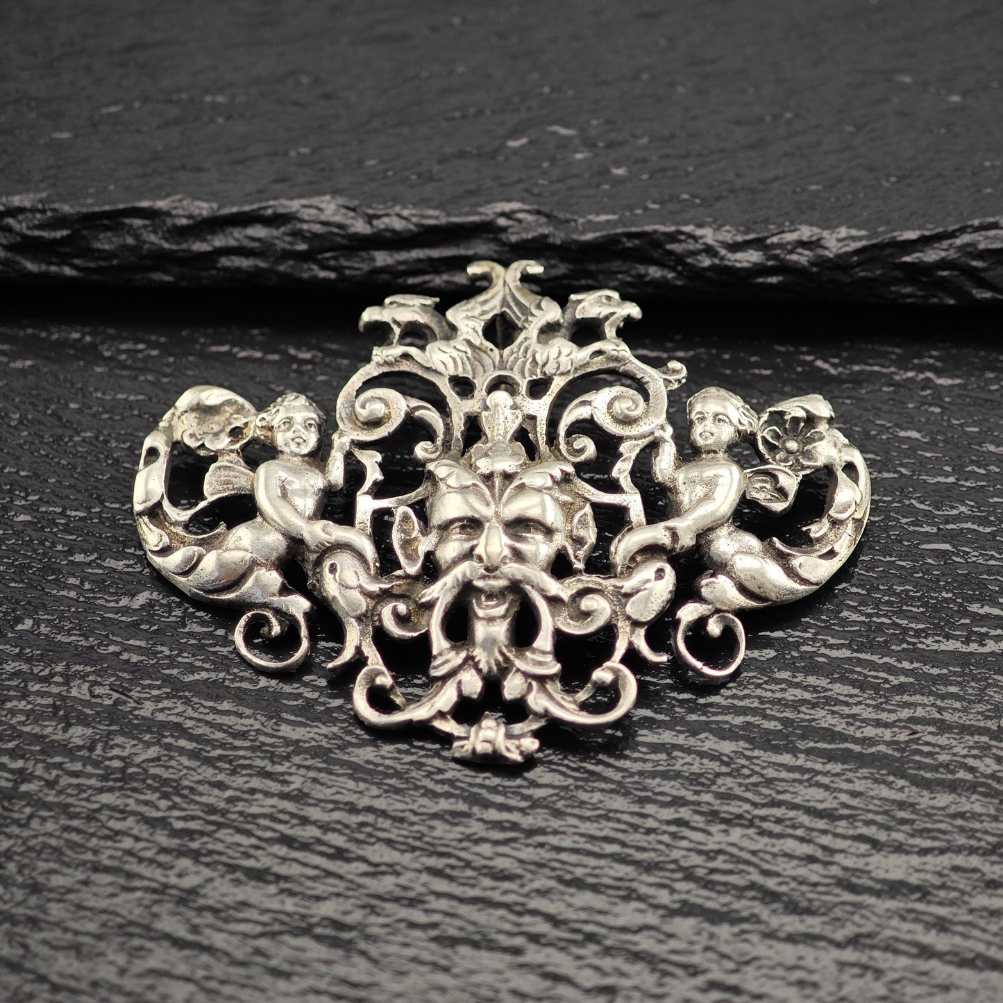 Horned God of Wine Pendant with Cherub Angels in Sterling Silver