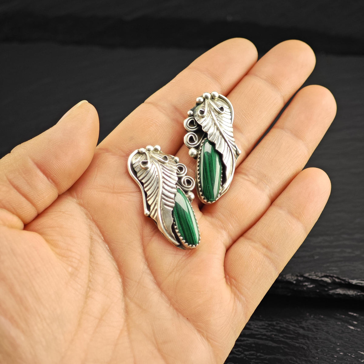 Native American Malachite Feather Detail Sterling Silver Stud Earrings ER3206