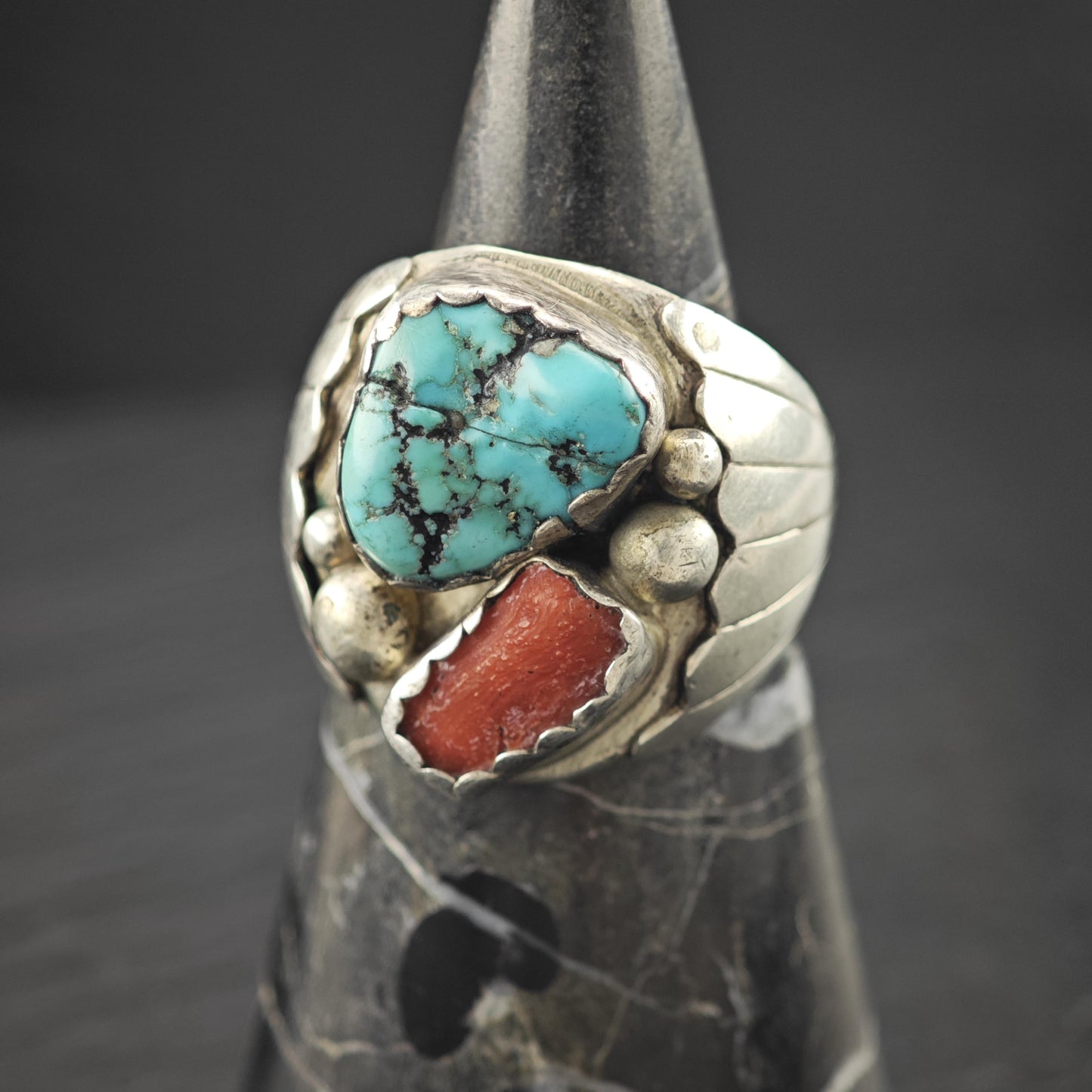 Native American Turquoise, Coral Ring Sterling Silver Size 9 3/4