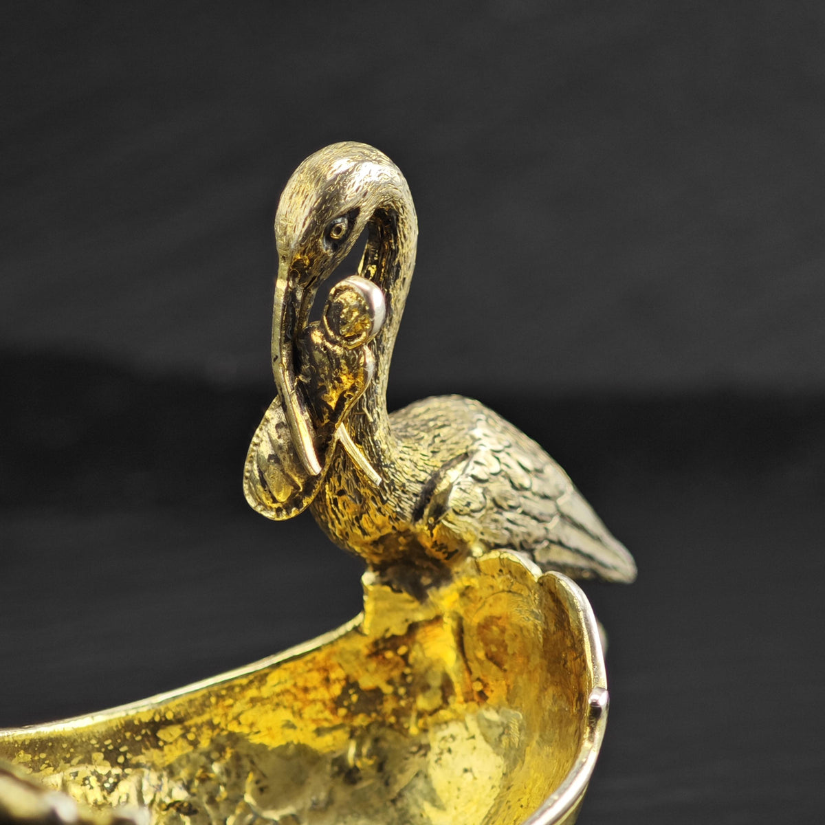 European Gold Gilded Stork/Baby with Ramhead Crib Sterling Silver Bowl Figurine MISC0395