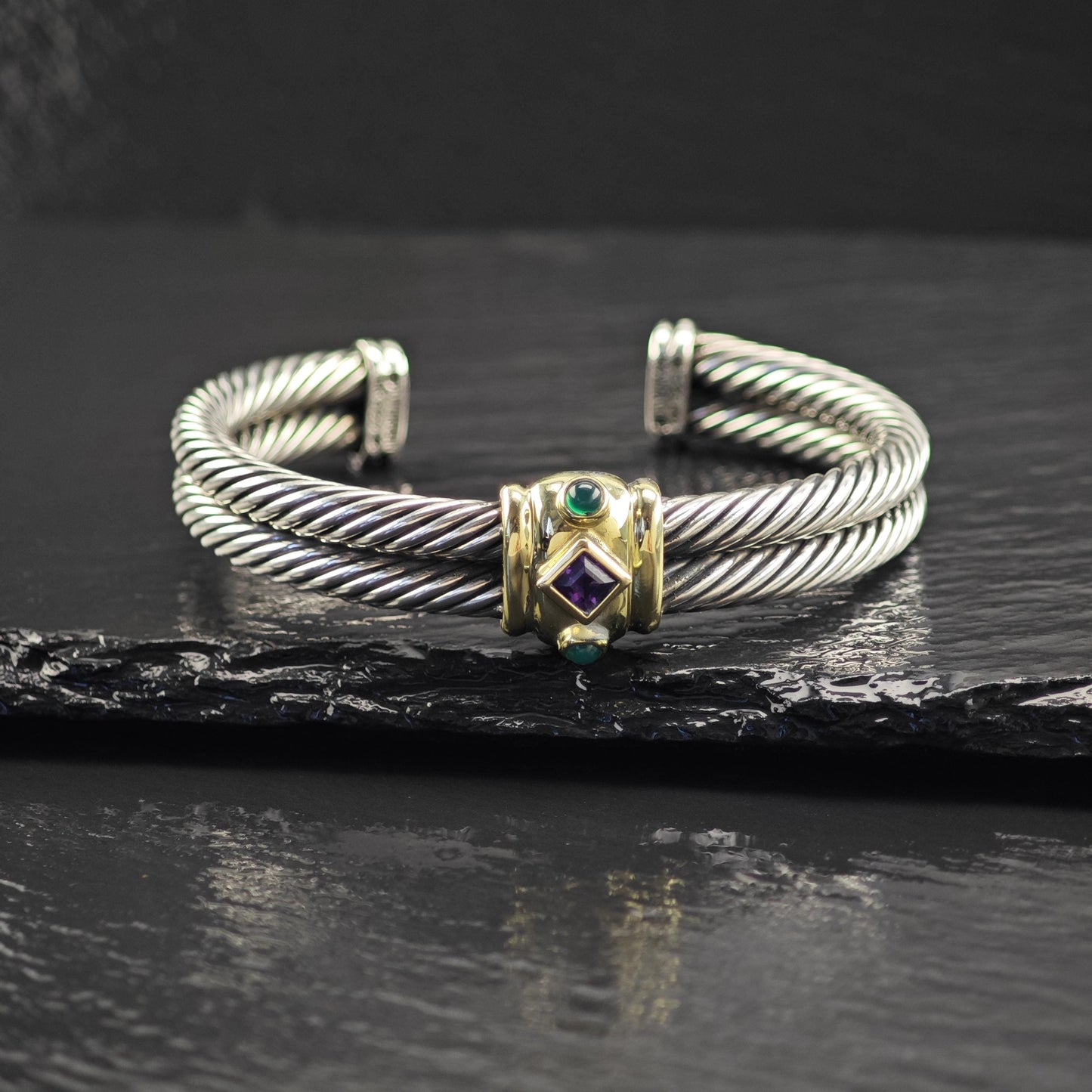 David Yurman Renaissance Cuff Bracelet 10mm 14K Gold Accent Sterling Silver Amethyst