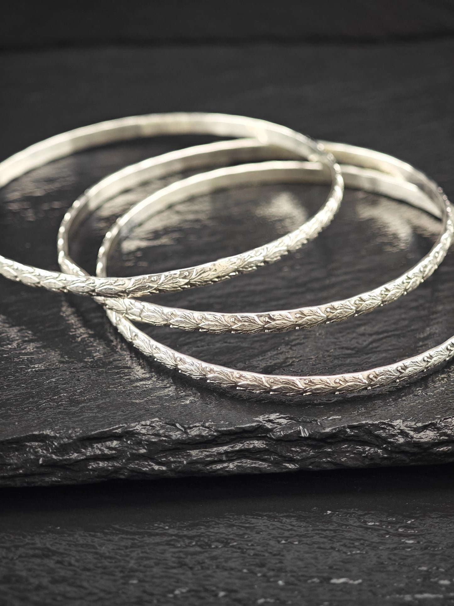Stackable Repousse Floral Bangle Sterling Silver